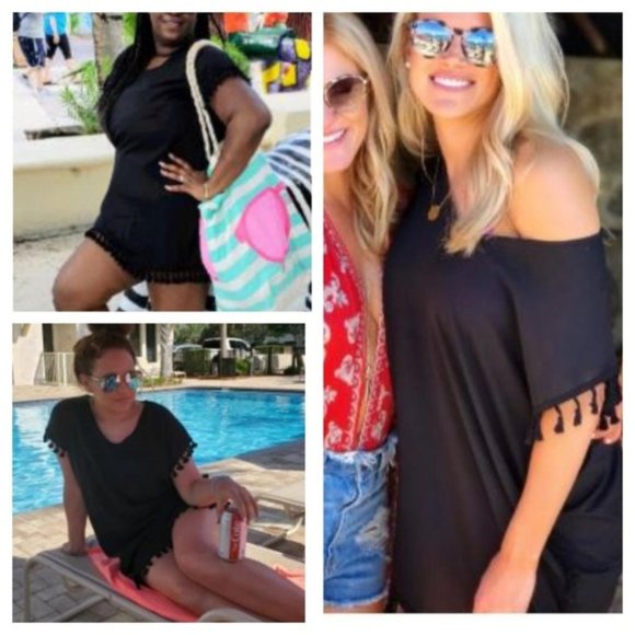 Flattering Tassel Beach Swim Coverup Black Pom Pom - Picture 4 of 7